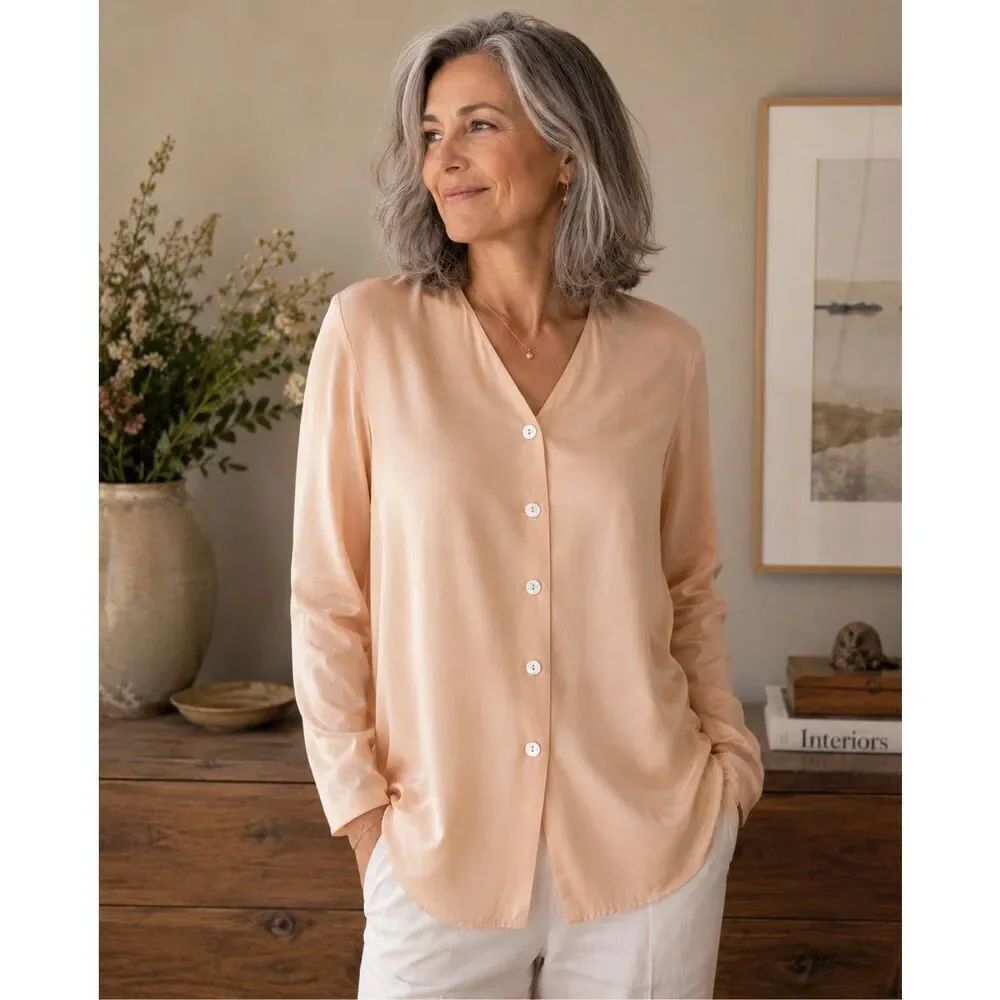 Rafaella 100% Silk Long Sleeve Button FrontTunic Blouse Women’s M Peach